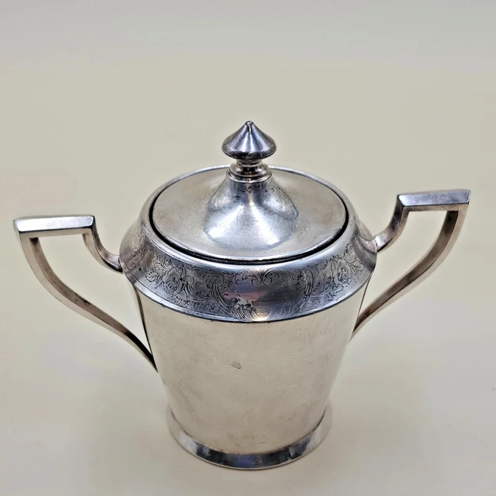 Vintage 1881 Rogers Silver Plate Creamer & Sugar Bowl Set 5016 w/ Lid Art Deco